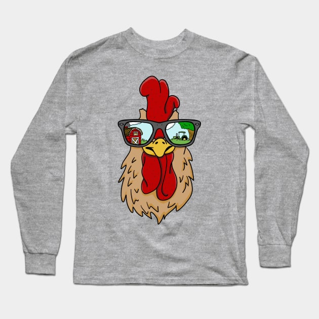 Sunglasses Wearing Cool Rooster On the Farm Long Sleeve T-Shirt by SNK Kreatures